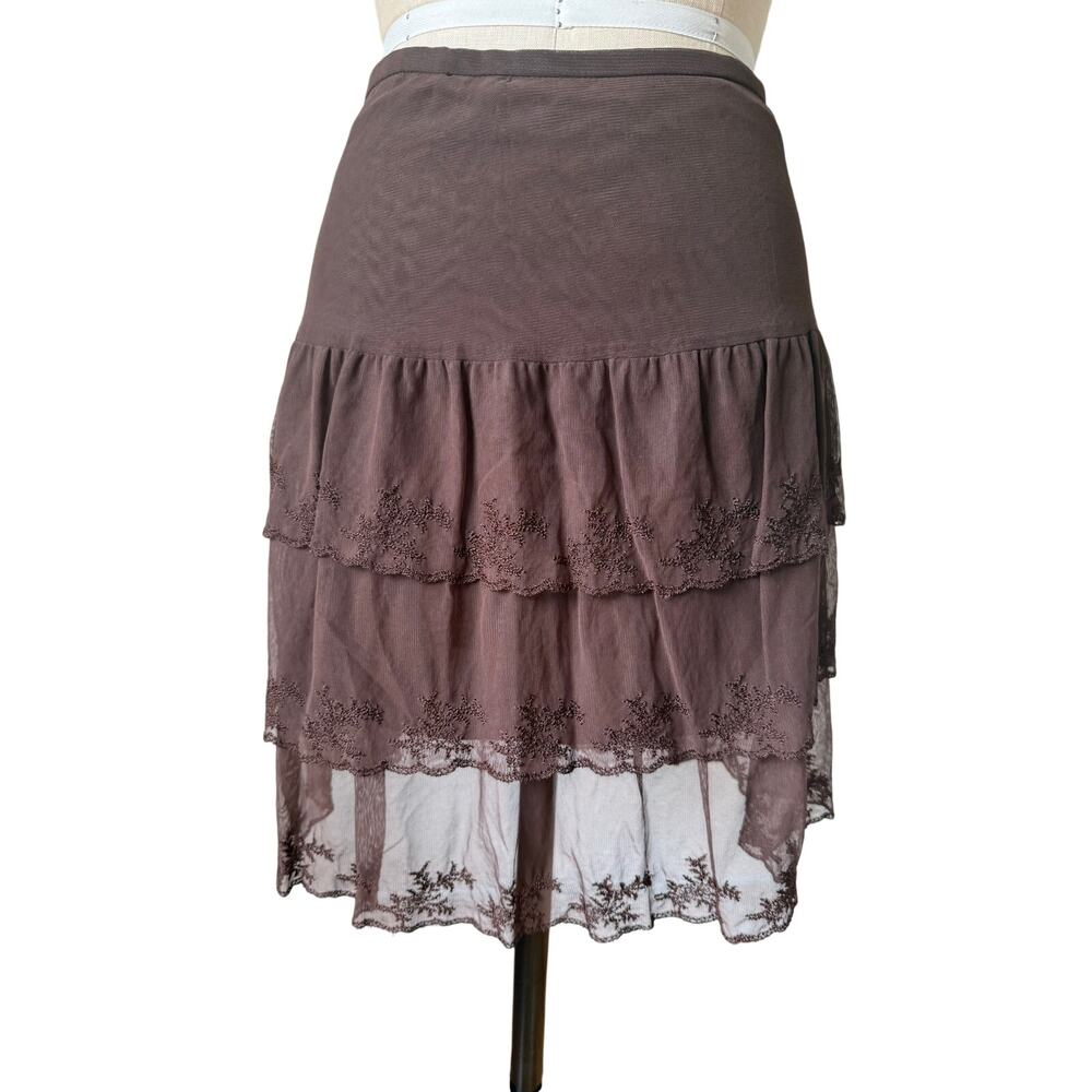 ABS Lace Mini Skirt in Brown Size 4 Tiered Sheer Mesh Vintage y2k